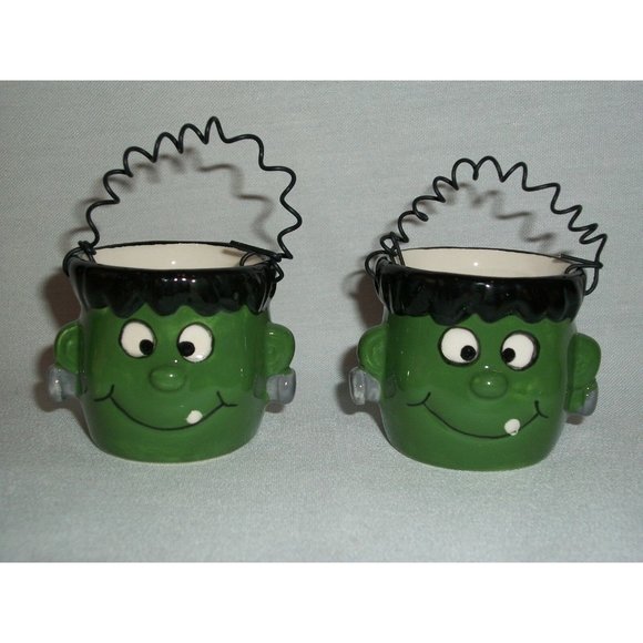 Set of 2 Frankenstein Votive Tea Light Holder Green Table Halloween Decor Party - Picture 1 of 8